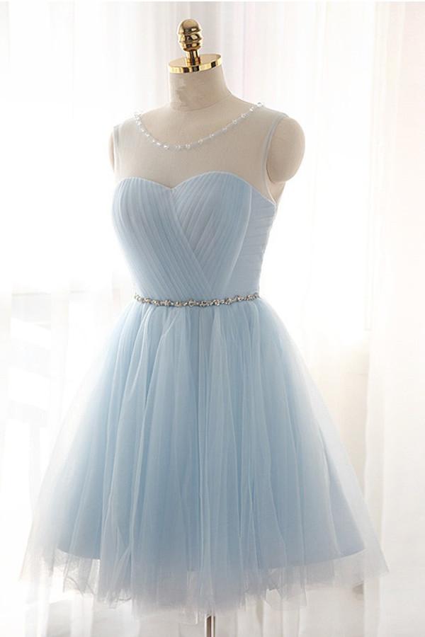 light blue tulle short sweet 16 dress homecoming dress with beading