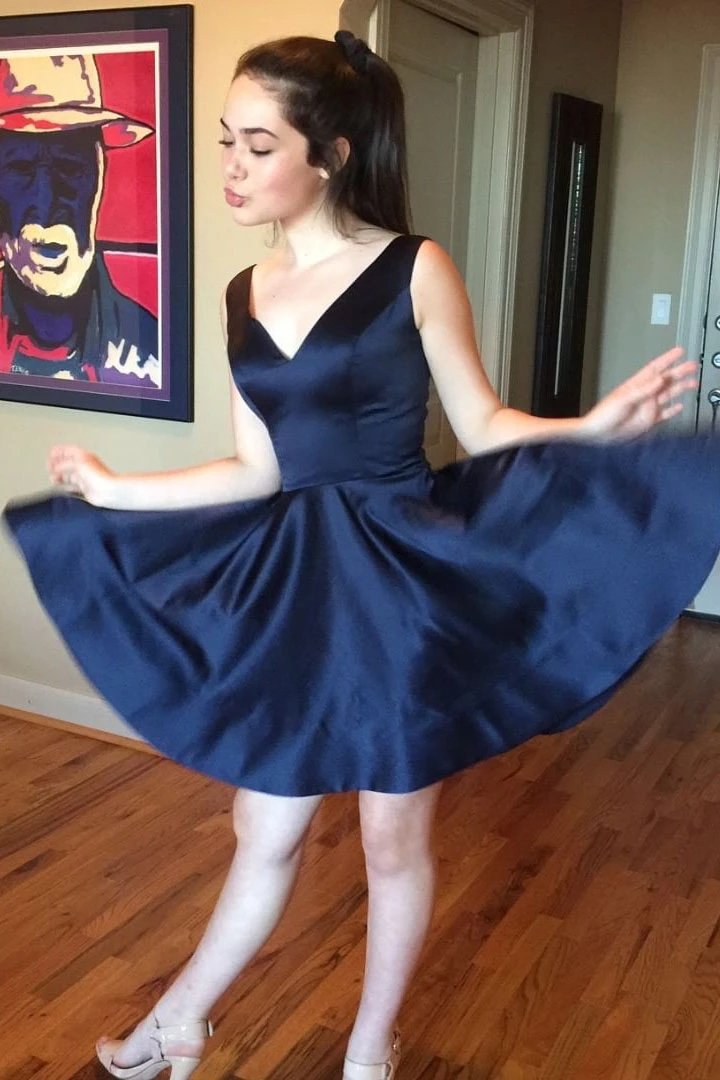 simple dark navy homecoming dresses v neck satin short prom dress