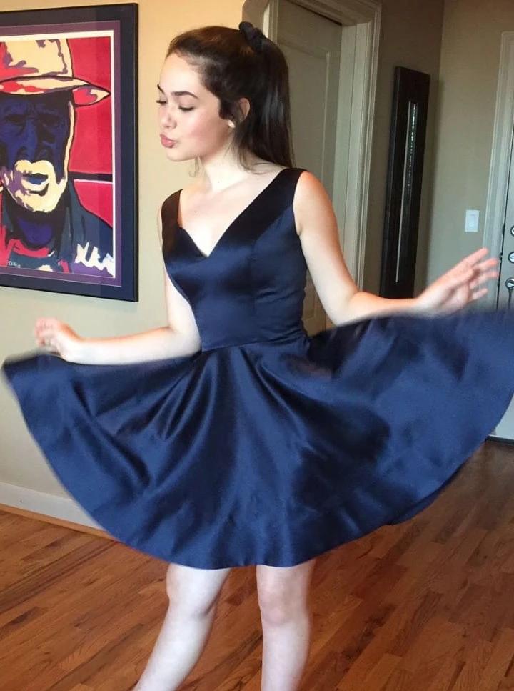 simple dark navy homecoming dresses v neck satin short prom dress