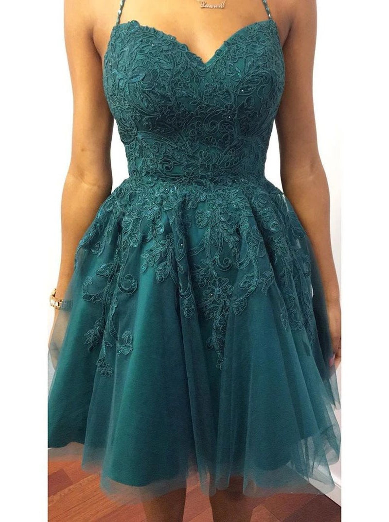 spaghetti straps tulle short prom dress backless homecoming dresses