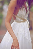 a line v neck beach wedding dresses backless bridal dress with pearls