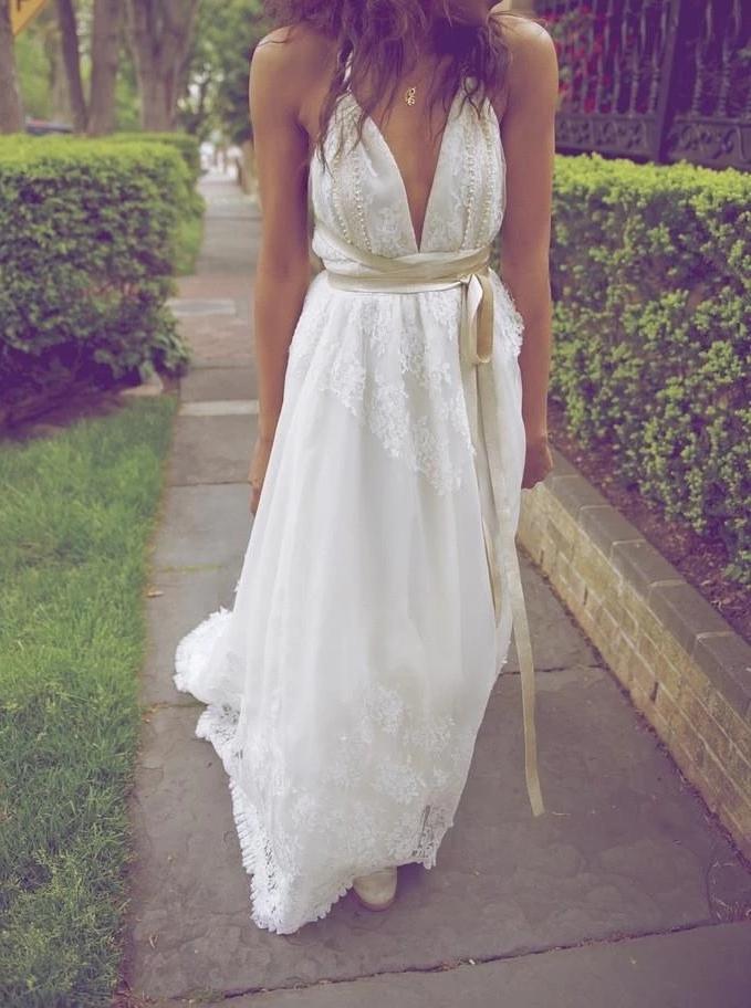 a line v neck beach wedding dresses backless bridal dress with pearls