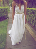 a line v neck beach wedding dresses backless bridal dress with pearls
