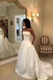 simple satin strapless wedding dresses long bridal dress with pockets