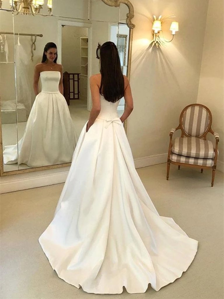simple satin strapless wedding dresses long bridal dress with pockets