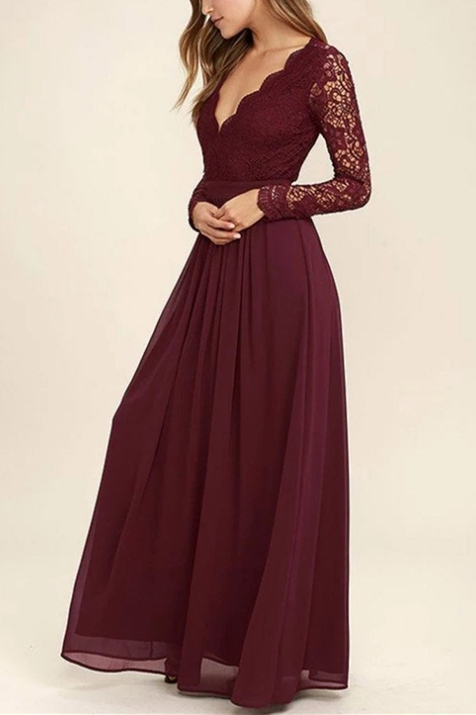 flowy lace chiffon v neck backless long sleeves burgundy bridesmaid dresses