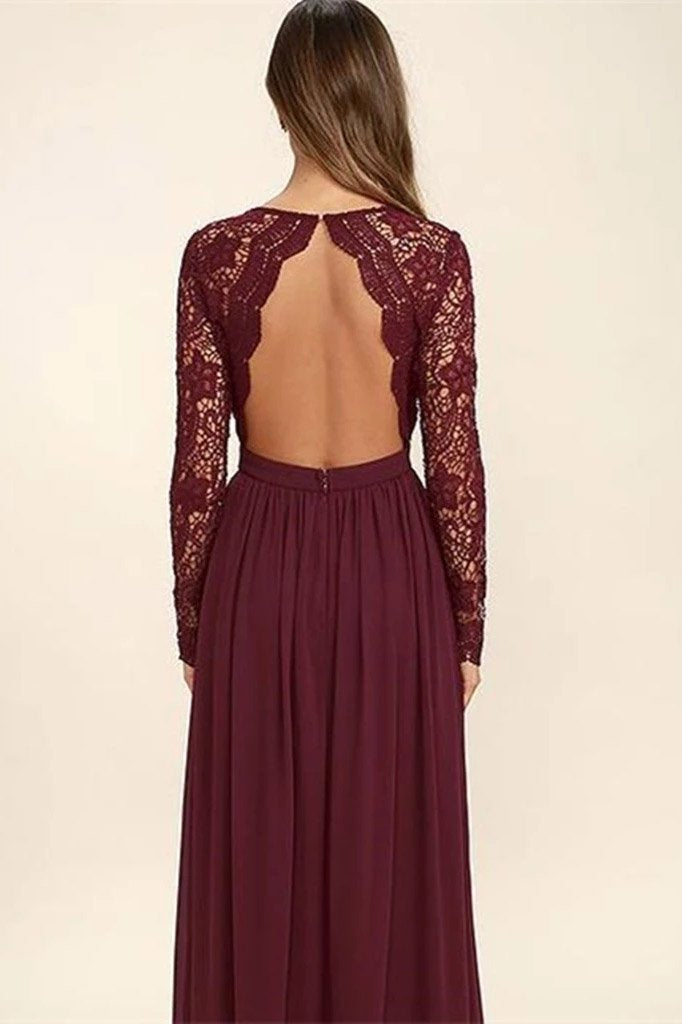 flowy lace chiffon v neck backless long sleeves burgundy bridesmaid dresses
