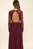 flowy lace chiffon v neck backless long sleeves burgundy bridesmaid dresses