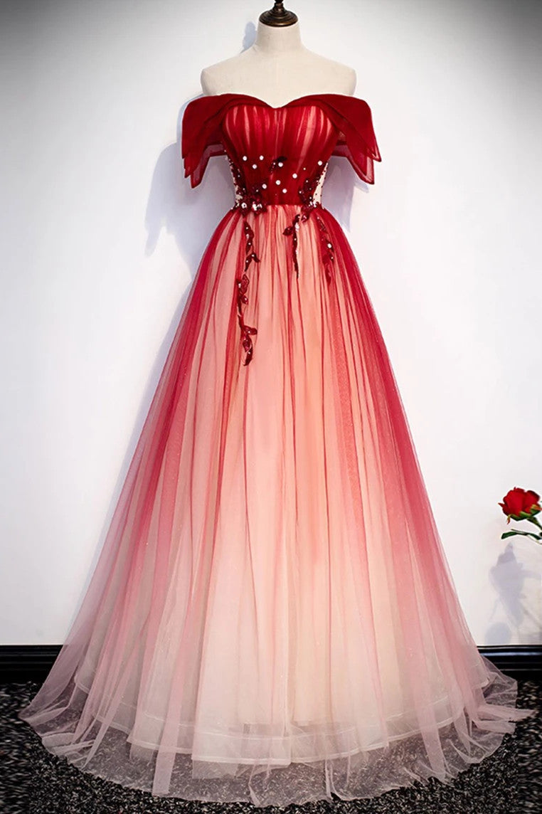 Off-Shoulder Tulle Red Long Prom Dresses, Lace Up Princess Party Gown MP61