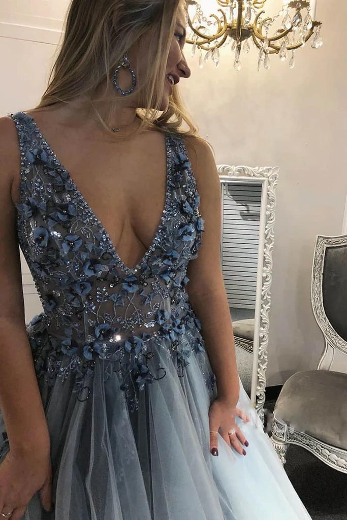 a line v neck 3d appliques beaded tulle long plus size prom dress