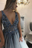 a line v neck 3d appliques beaded tulle long plus size prom dress