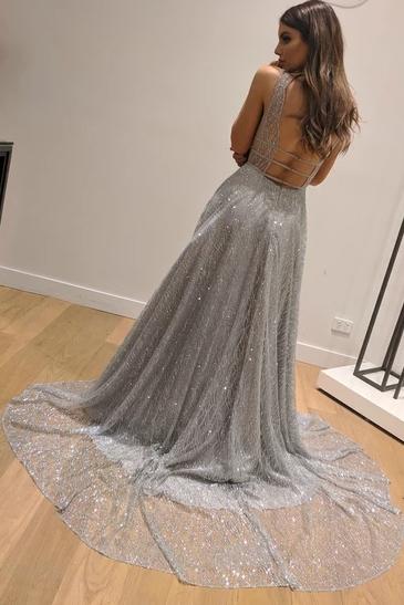 Dazzling Silver Sequins Prom Dresses Backless Formal Engagement Dress MP200