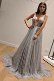 Dazzling Silver Sequins Prom Dresses Backless Formal Engagement Dress MP200