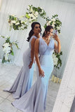Mermaid V-neck Long Bridesmaid Dresses, Blue Wedding Party Dress PB46