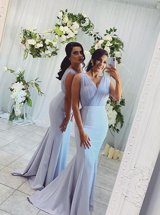 Mermaid V-neck Long Bridesmaid Dresses, Blue Wedding Party Dress PB46