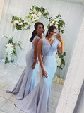 Mermaid V-neck Long Bridesmaid Dresses, Blue Wedding Party Dress PB46