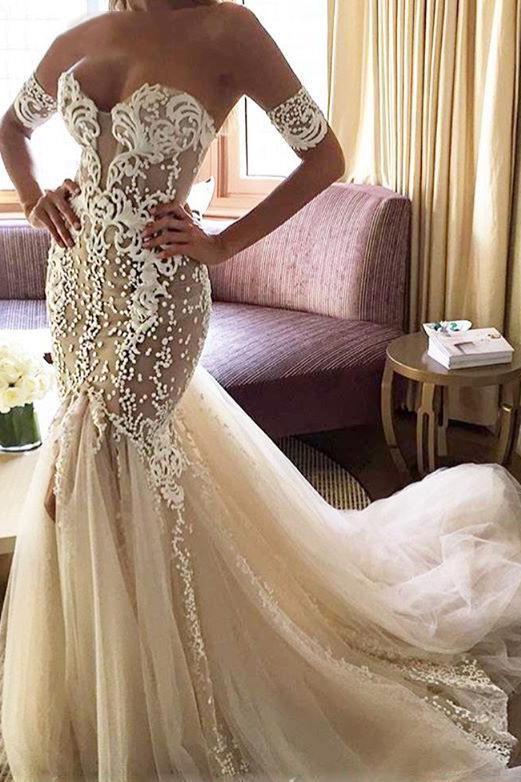 tulle sophisticated mermaid sweetheart lace backless wedding dress