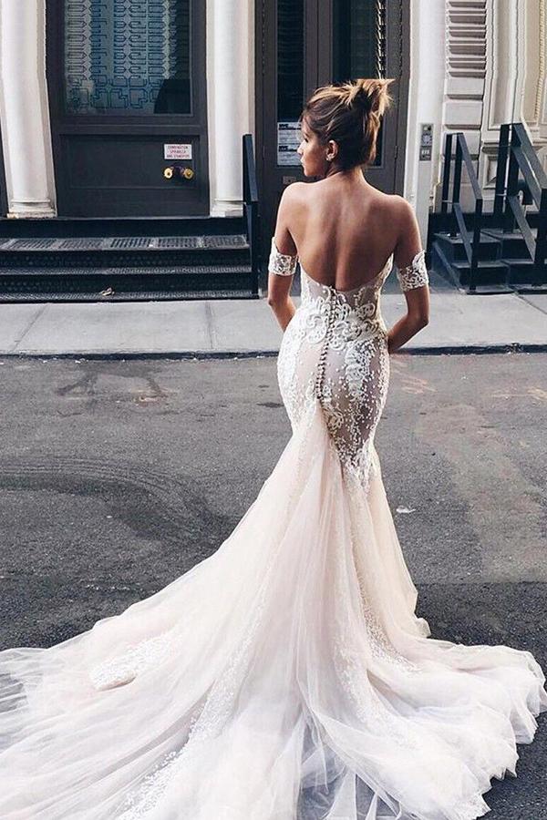 tulle sophisticated mermaid sweetheart lace backless wedding dress