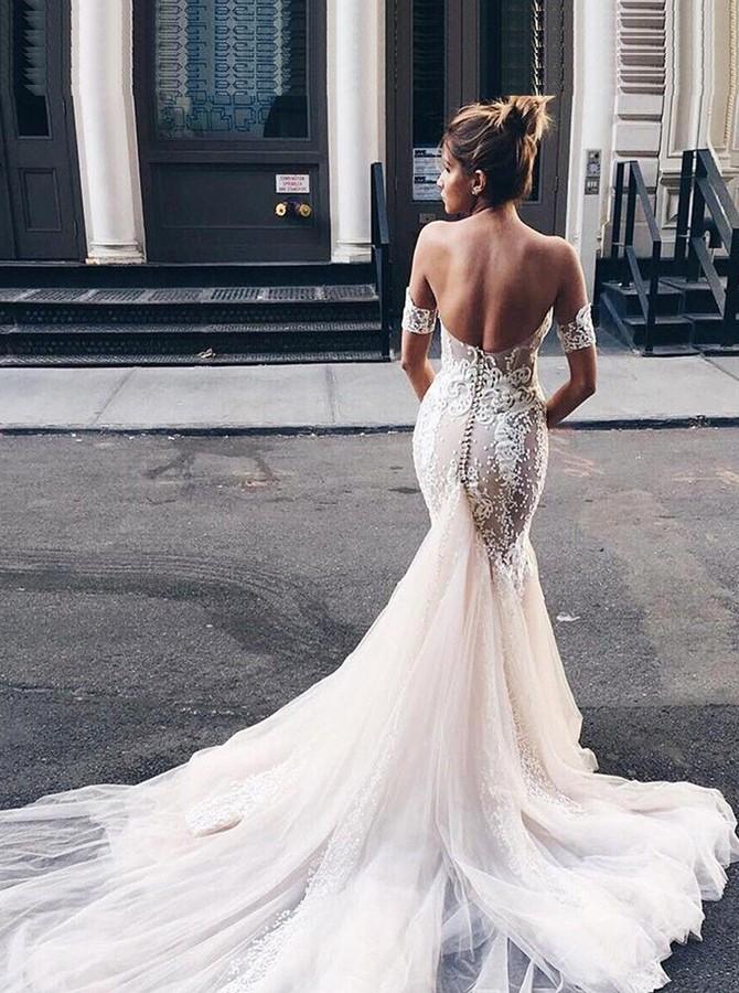 tulle sophisticated mermaid sweetheart lace backless wedding dress
