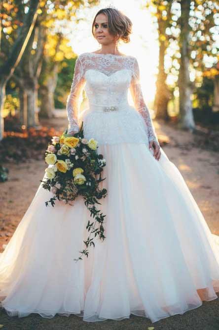 Princess Long Sleeves Ball Gown Bateau Backless Wedding Dress with Lace PW142