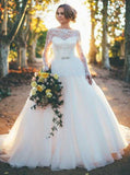 Princess Long Sleeves Ball Gown Bateau Backless Wedding Dress with Lace PW142