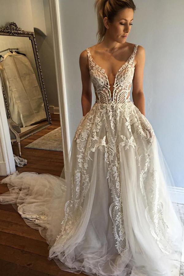 a line deep v neck lace appliques wedding dresses with pockets