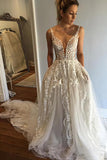 A-line Deep V-Neck Lace Appliques Wedding Dresses with Pockets PW202