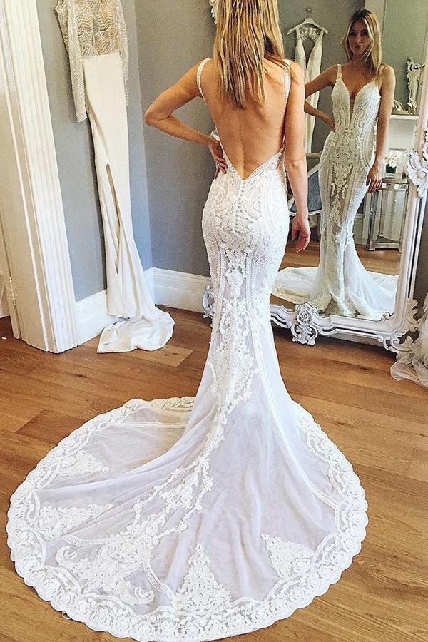 mermaid v neck backless wedding dresses with lace appliques