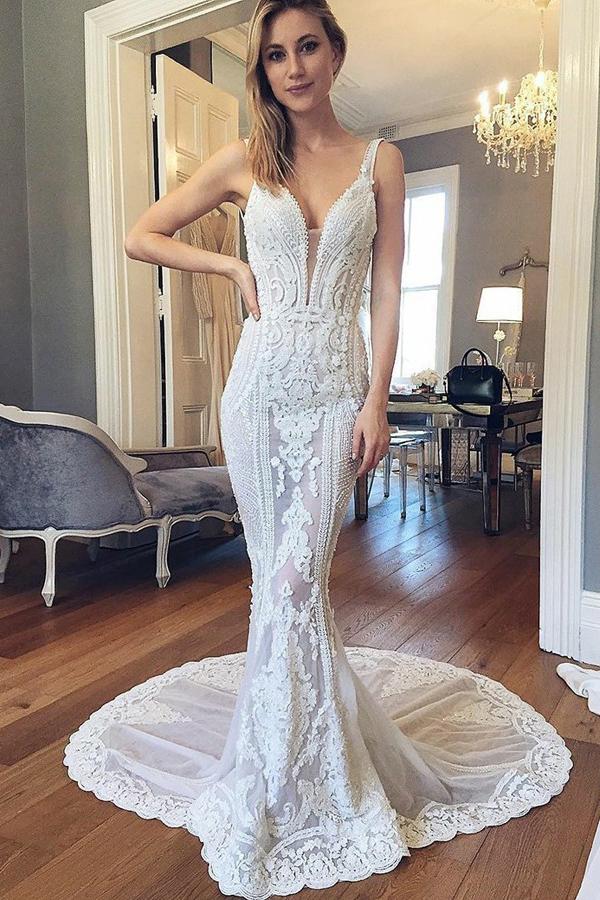 mermaid v neck backless wedding dresses with lace appliques
