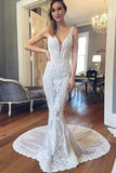 mermaid v neck backless wedding dresses with lace appliques