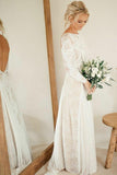 bohemian bateau long sleeves backless lace wedding dresses
