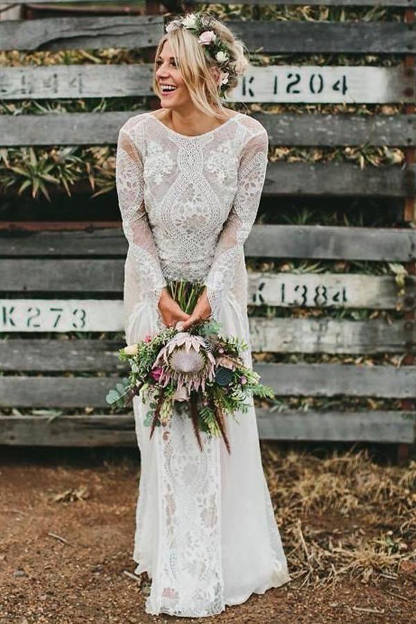 bohemian bateau long sleeves backless lace wedding dresses