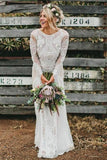 Bohemian Bateau Long Sleeves Backless Lace Wedding Dresses PW200