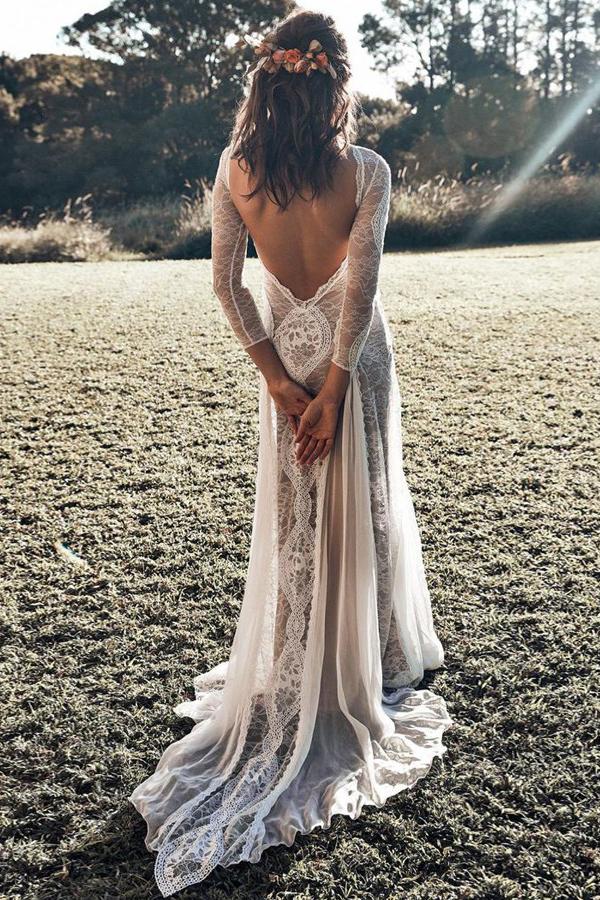 bohemian bateau long sleeves backless lace wedding dresses