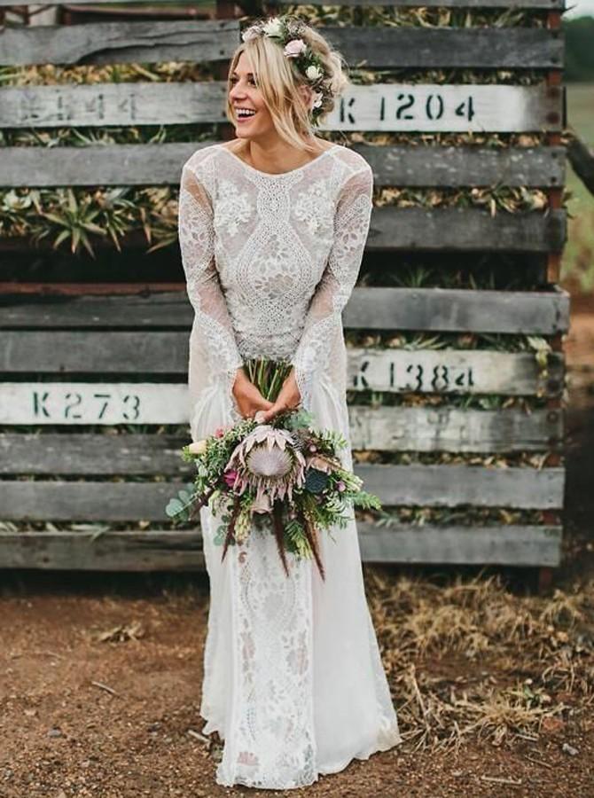 bohemian bateau long sleeves backless lace wedding dresses