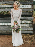 bohemian bateau long sleeves backless lace wedding dresses