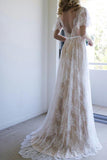 a line v neck short sleeves backless lace beach wedding dress