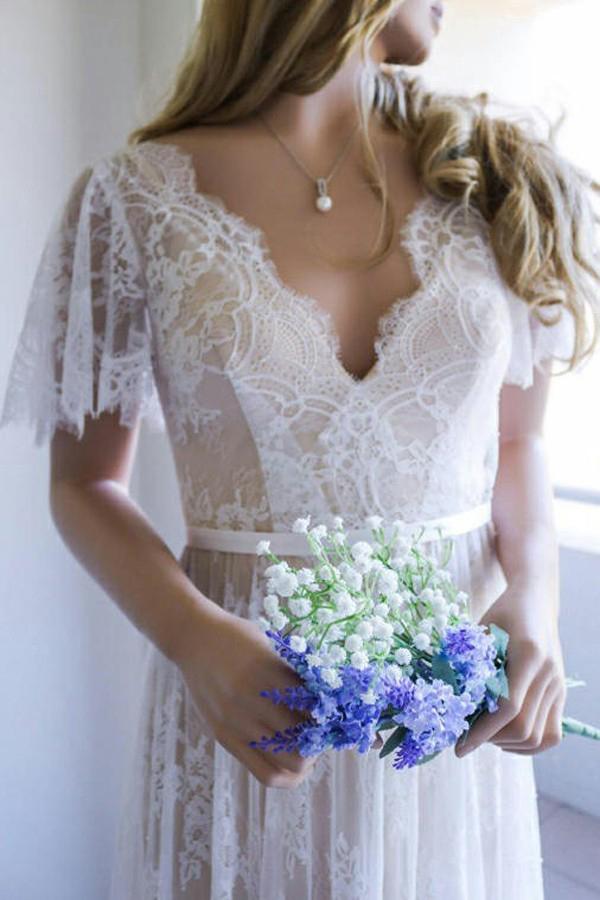 a line v neck short sleeves backless lace beach wedding dress