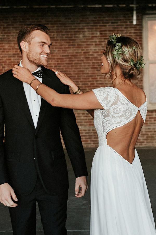 bohemian a line bateau keyhole back lace chiffon wedding dresses