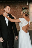 bohemian a line bateau keyhole back lace chiffon wedding dresses