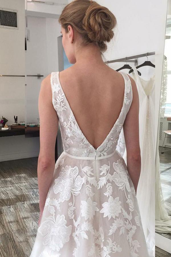 elegant a line v neck backless appliques wedding dresses