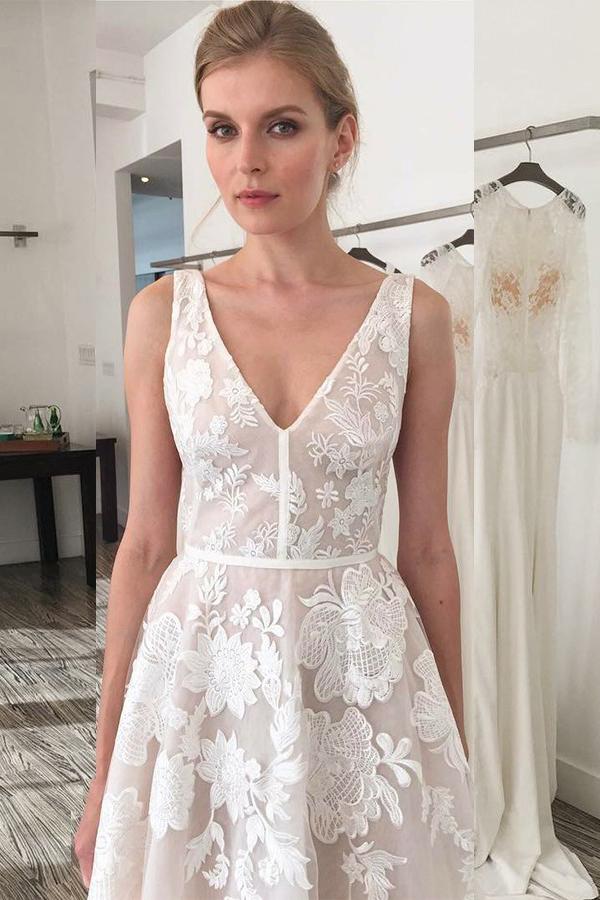 elegant a line v neck backless appliques wedding dresses