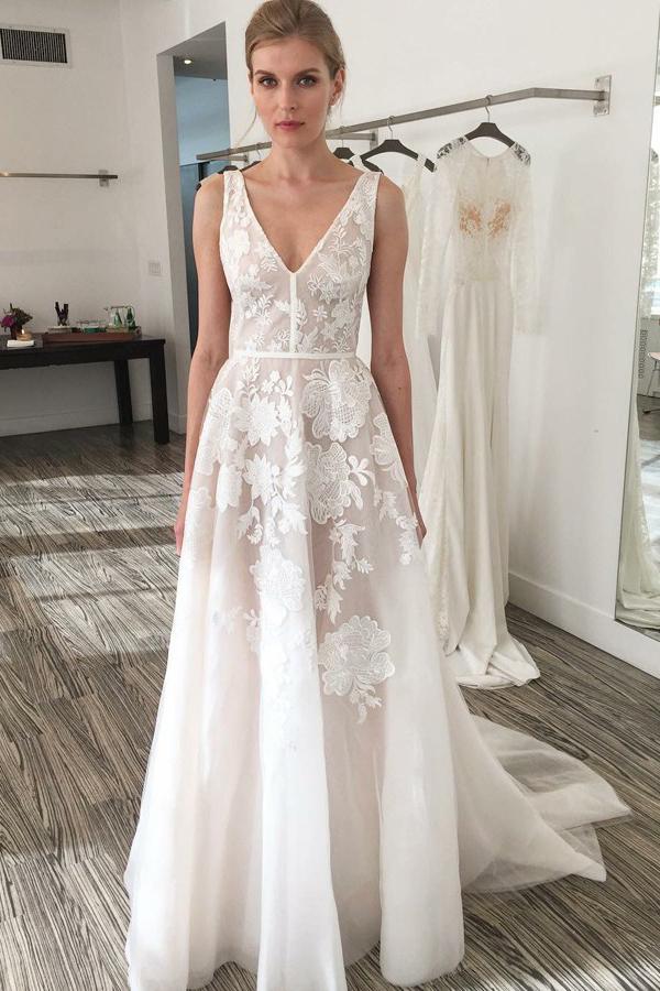 elegant a line v neck backless appliques wedding dresses