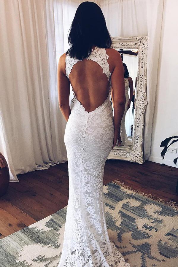 stunning mermaid crew neck lace wedding dresses with split