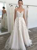 a line spaghetti tulle backless wedding dress with appliques