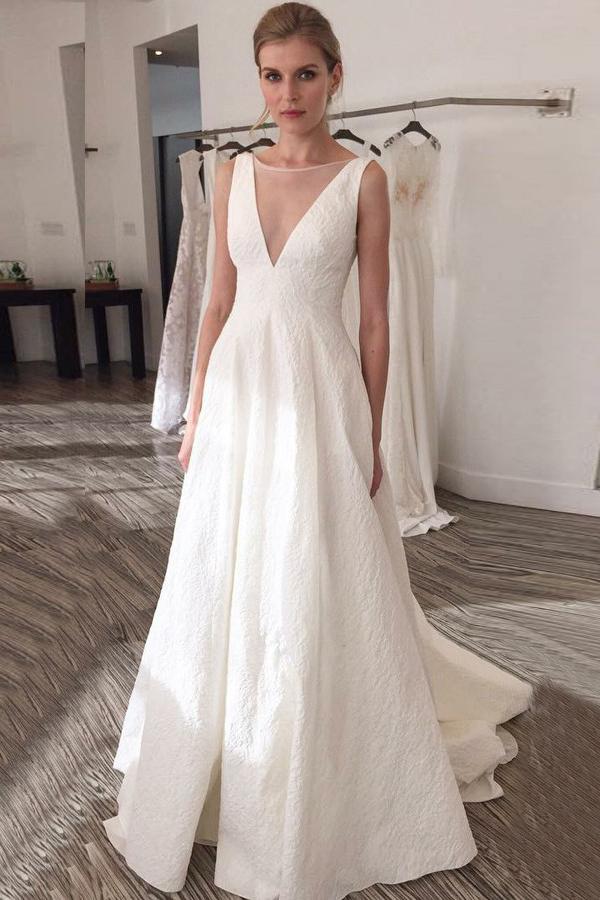 a line illusion bateau v back printed satin wedding dress