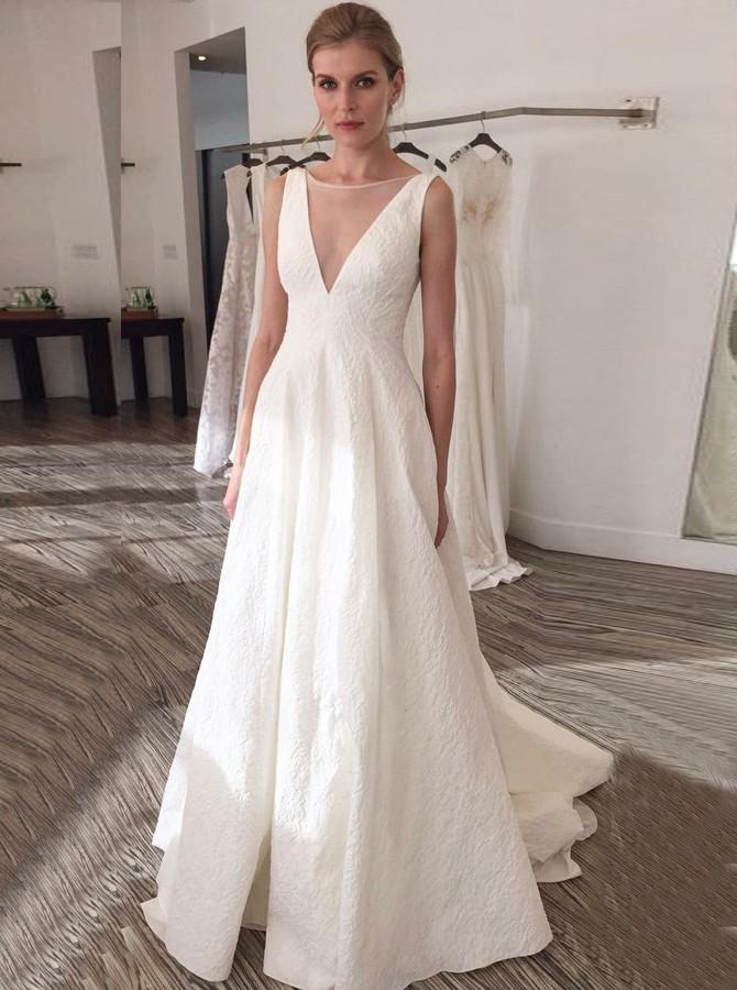 a line illusion bateau v back printed satin wedding dress
