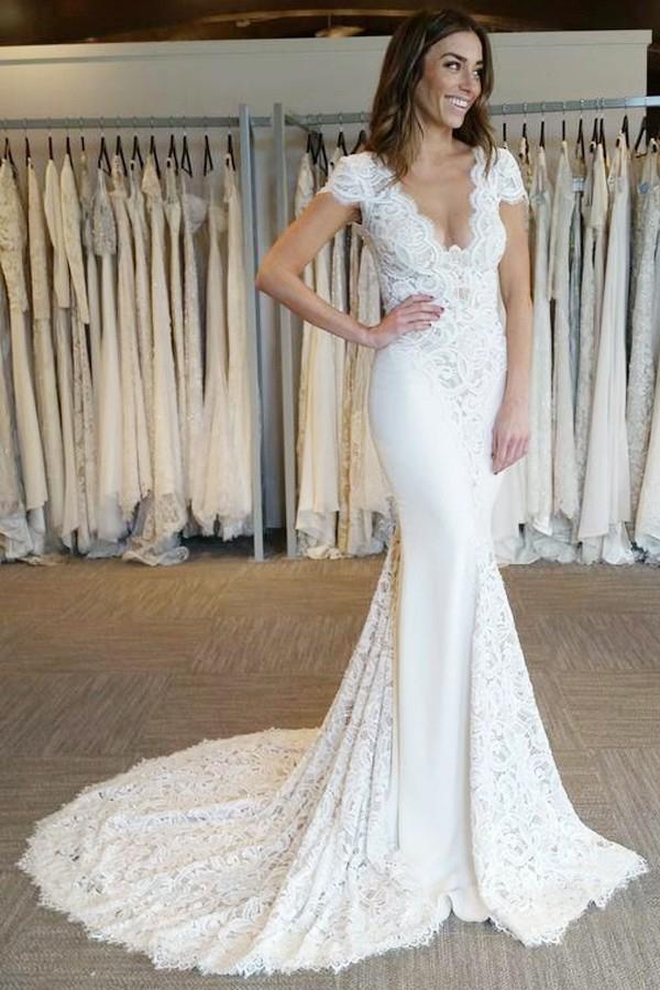 mermaid v neck backless bridal gown lace short sleeves wedding dress
