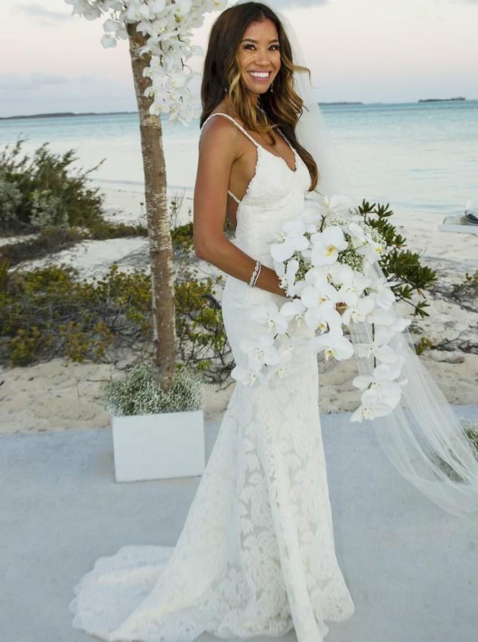 spaghetti straps lace backless beach mermaid wedding dress