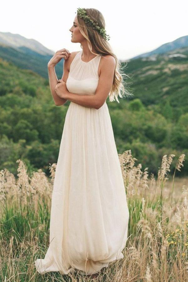 bohemian a line round neck chiffon beach wedding dress
